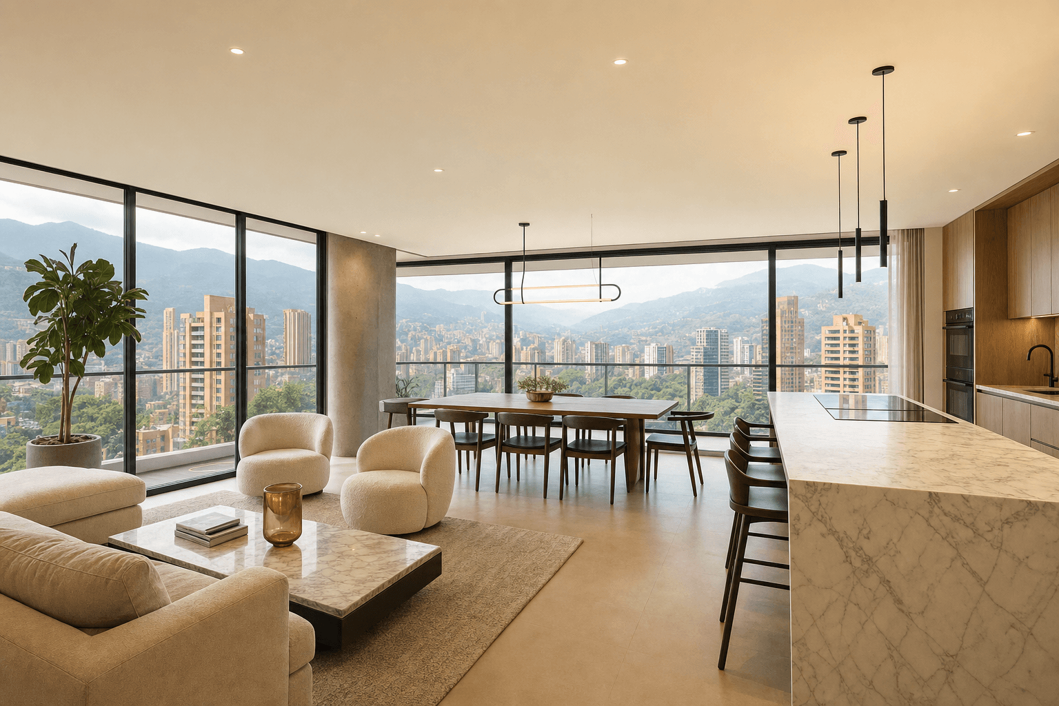 Modern luxury condo interior in Medellin El Poblado with city skyline views