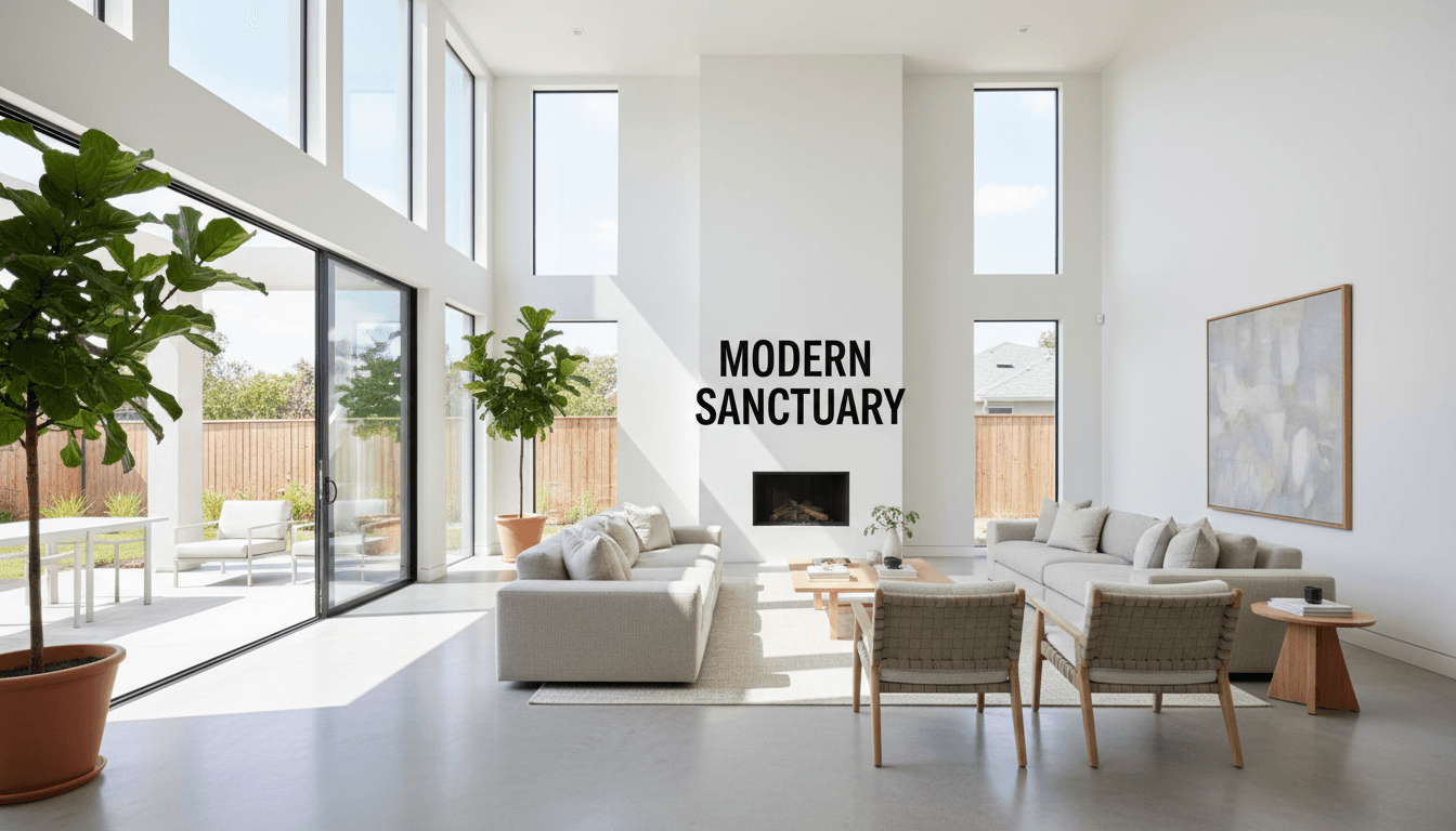 Open-plan living area with double-height ceilings