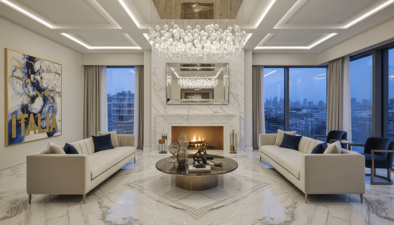 Modern luxury living room with marble fireplace and Italian fixtures