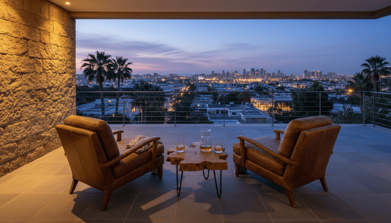 Covered terrace lounge with city lights at dusk