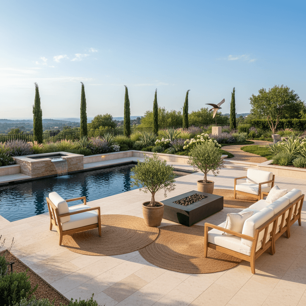 Outdoor living space with pool and garden