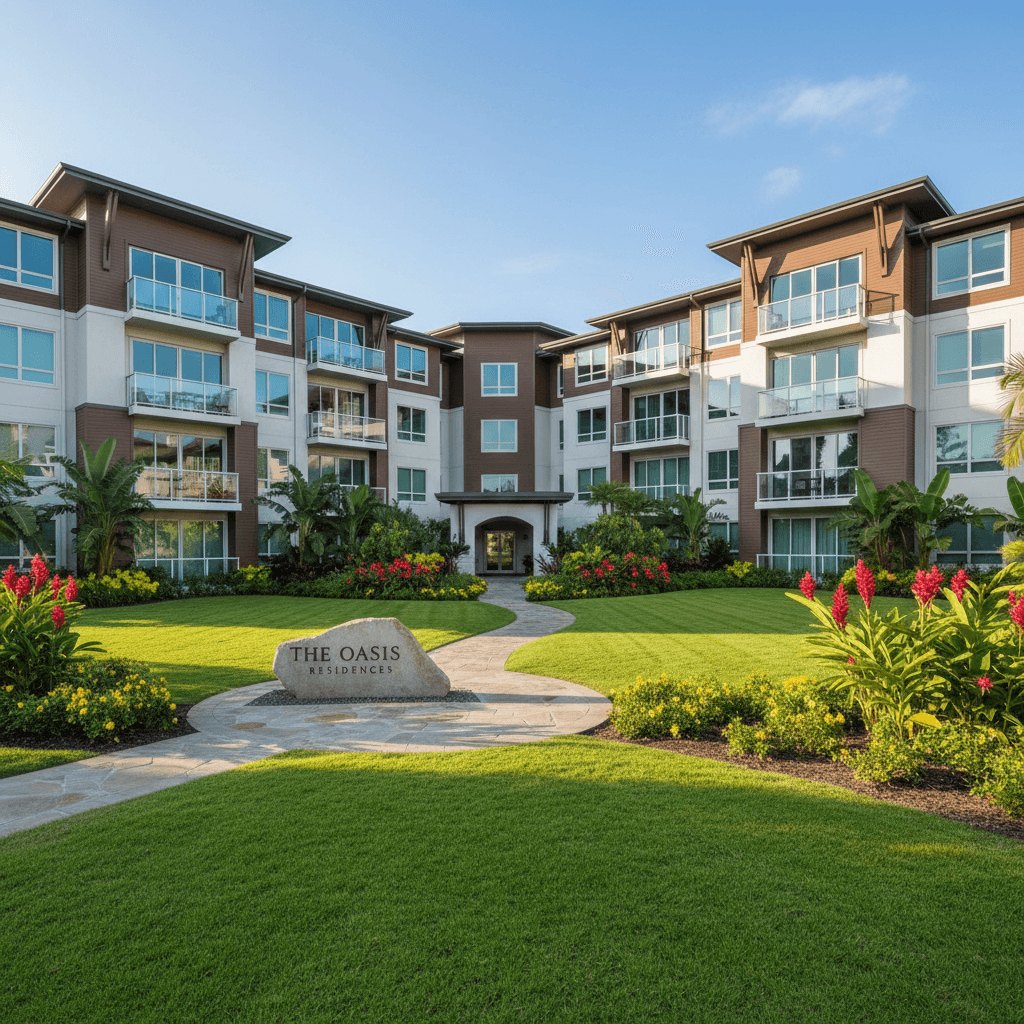 Landscaped common grounds surrounding the building