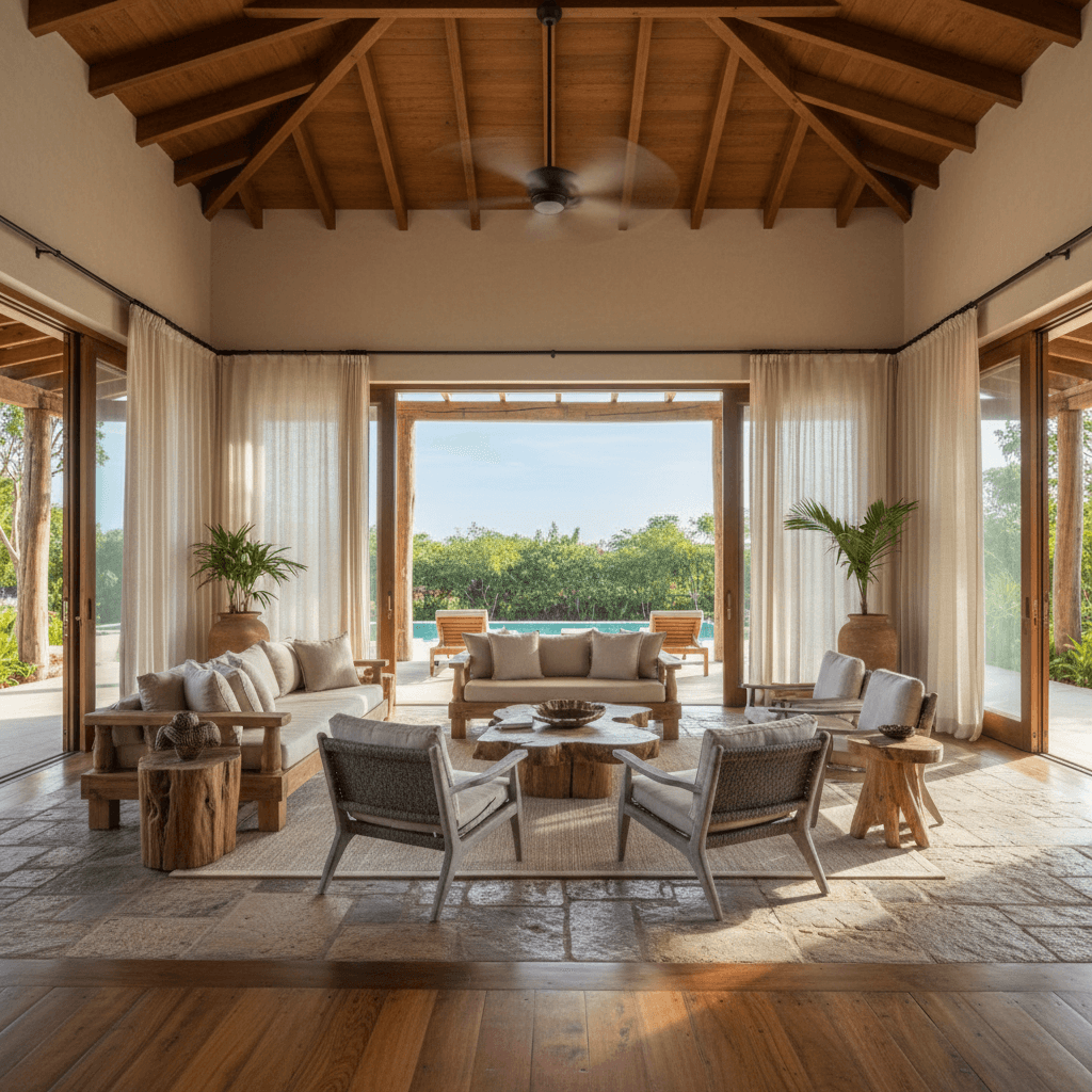 Open living room with high wooden ceilings and terrace access