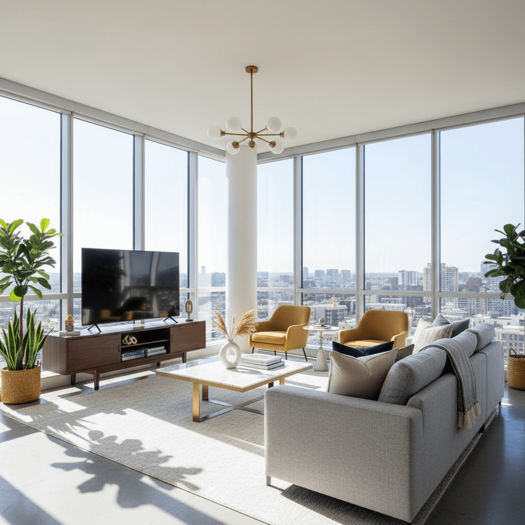Renovated unit interior with bright living room and large windows