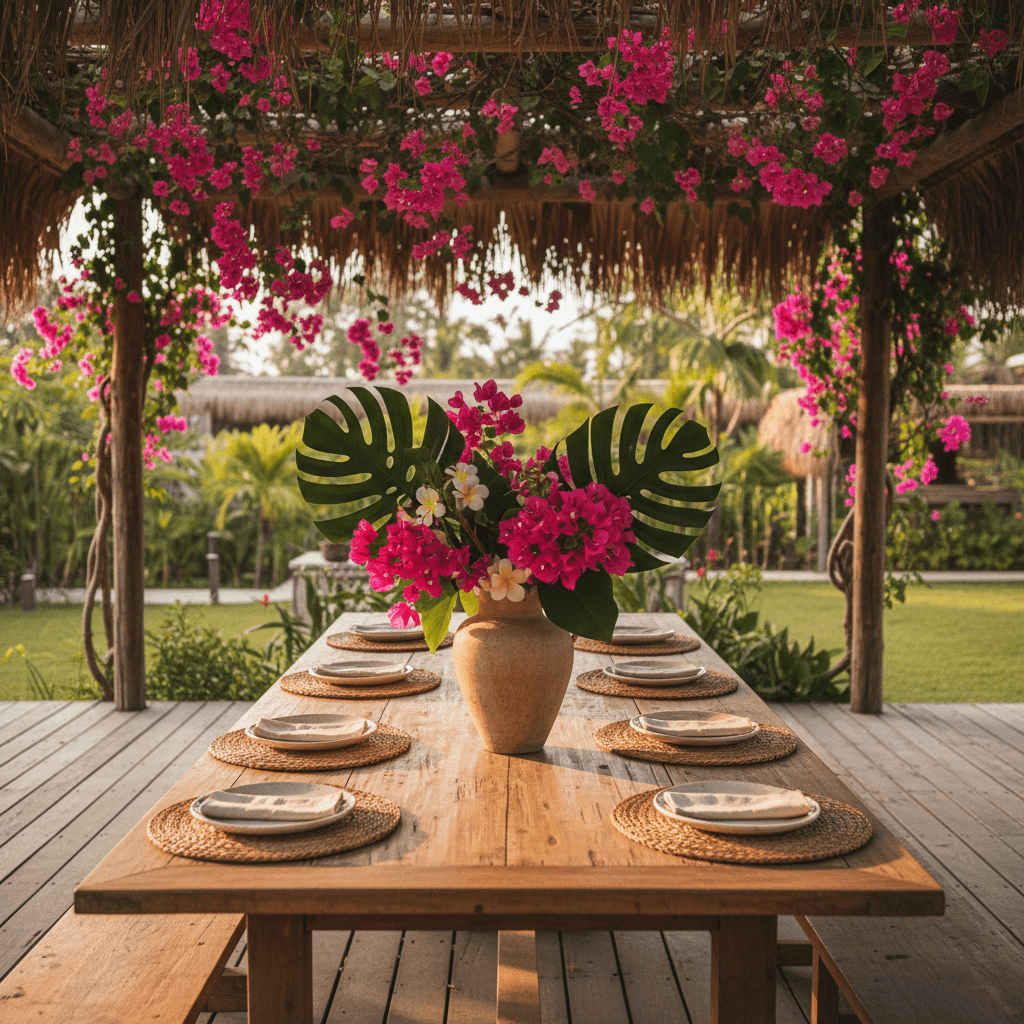 Outdoor dining table with tropical flowers under thatched pergola