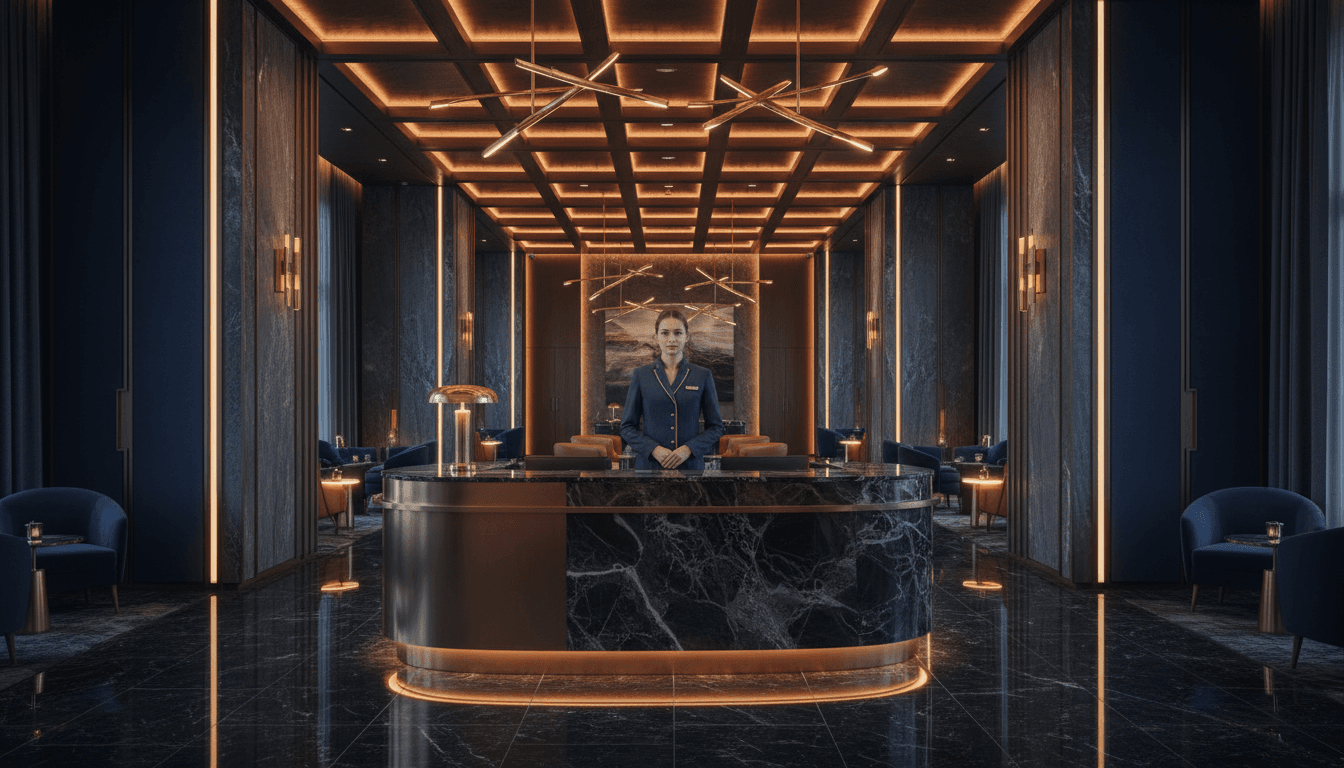 Modern lobby with concierge desk and security