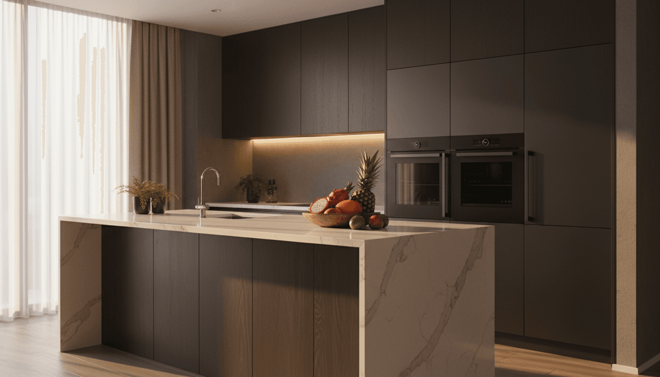 Modern kitchen with quartz waterfall island