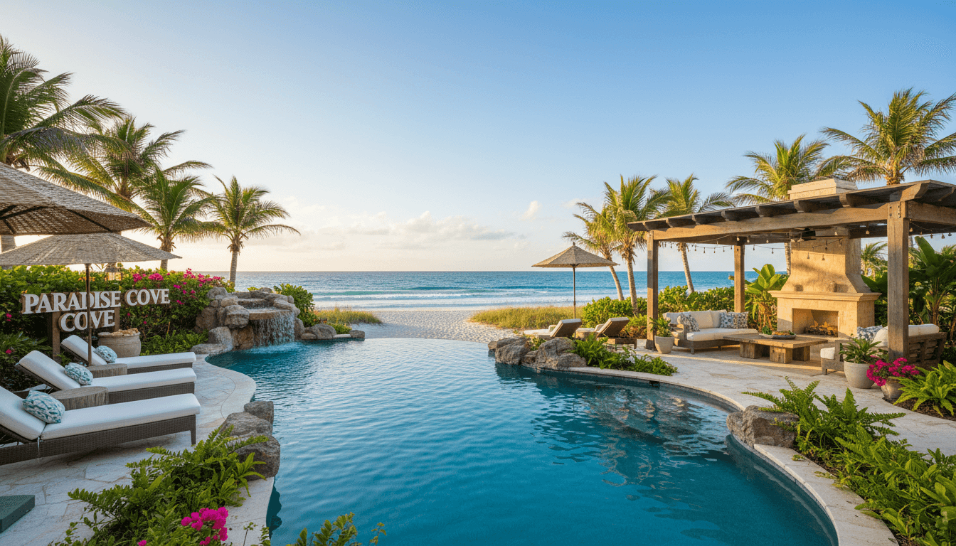 Pool area and outdoor seating minutes from the sand