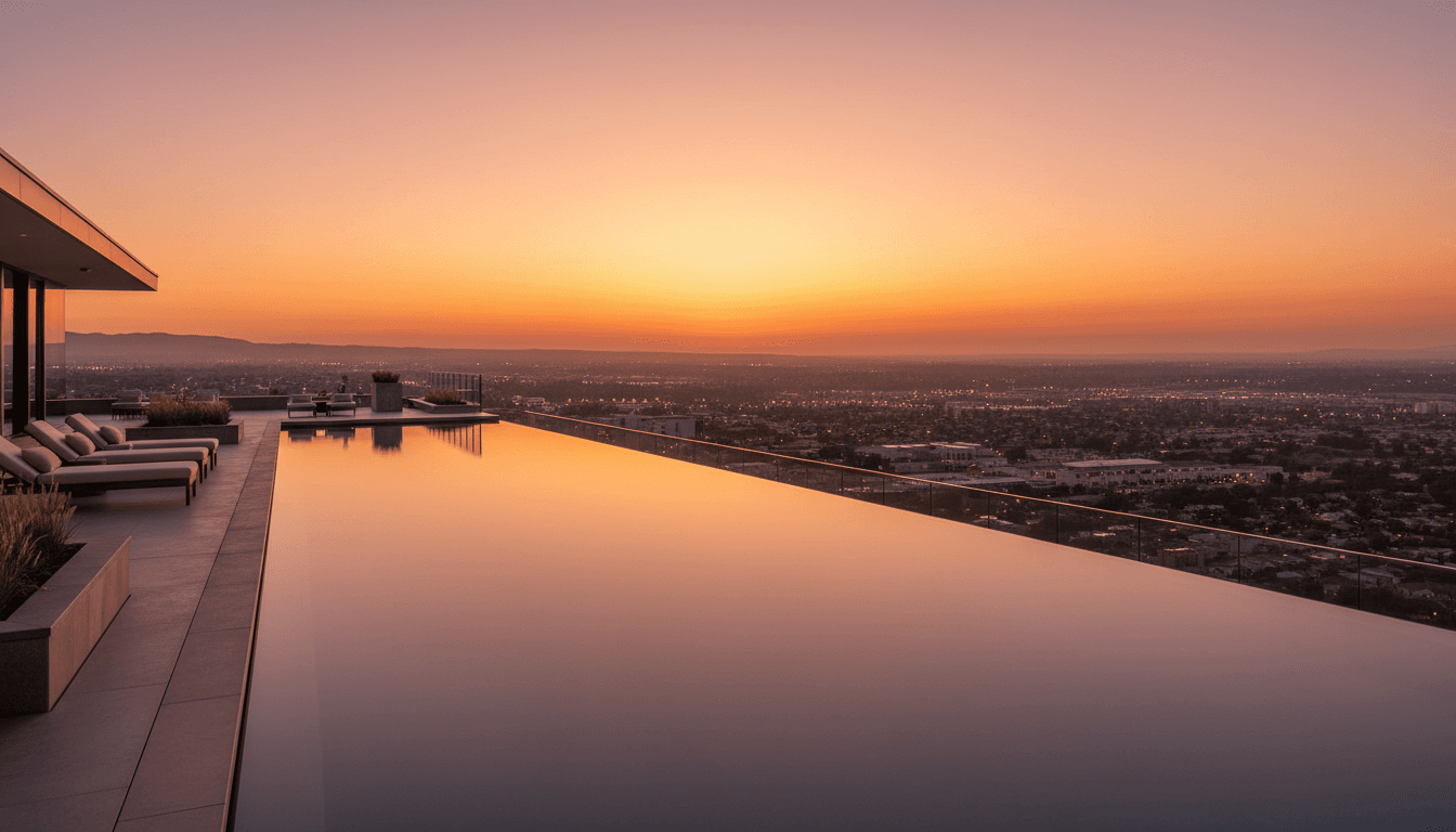 Rooftop infinity pool with city view at sunset