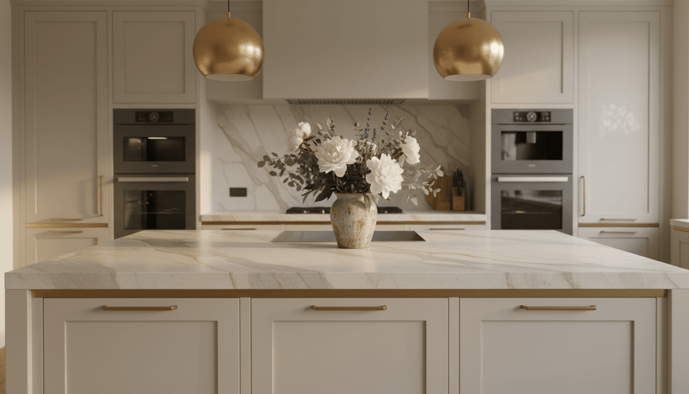 Gourmet kitchen island with quartz countertop