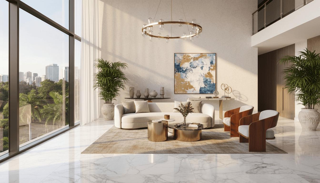 Sunlight falling on polished marble floor in a spacious luxury apartment