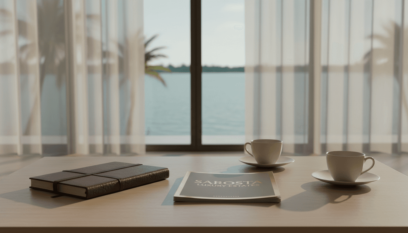 Elegant consultation setup with coffee cups and property brochure on a table overlooking Sarasota water views