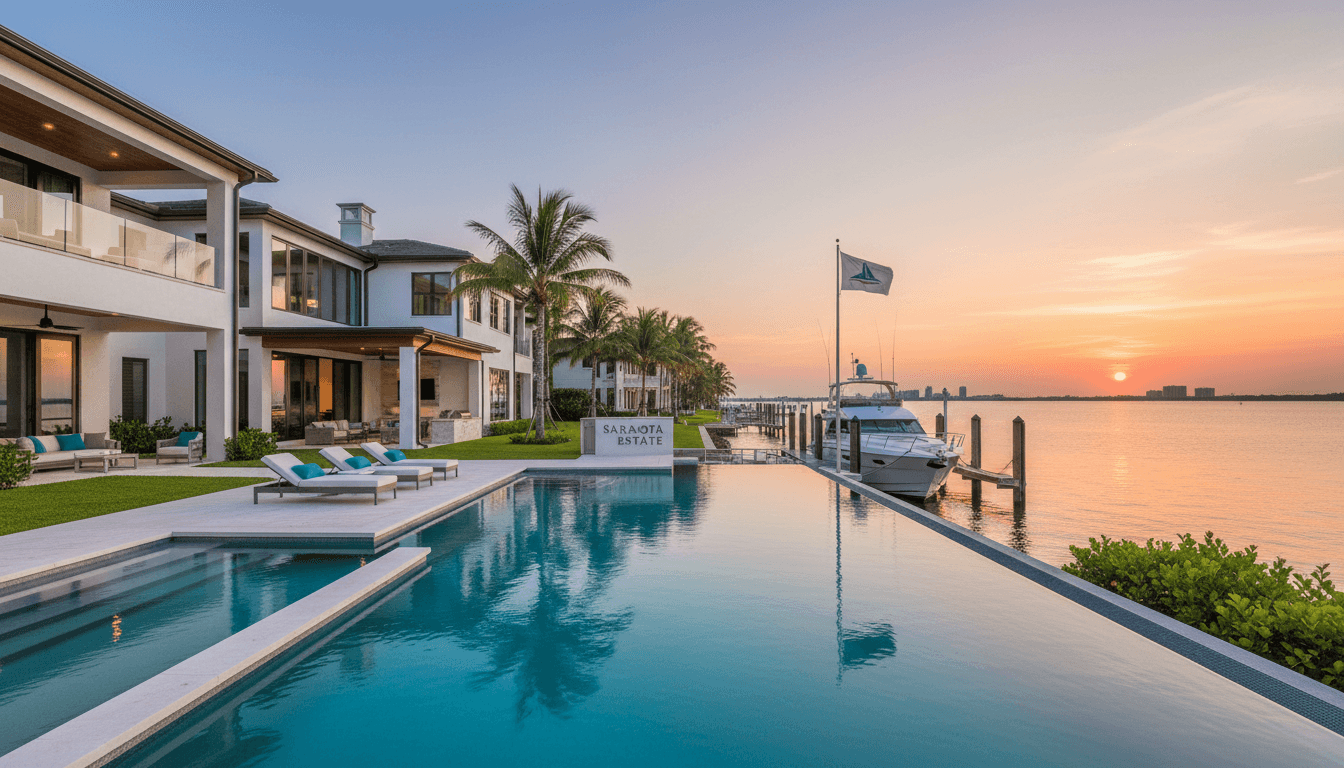 Luxury waterfront estate with pool and boat dock in Sarasota Florida