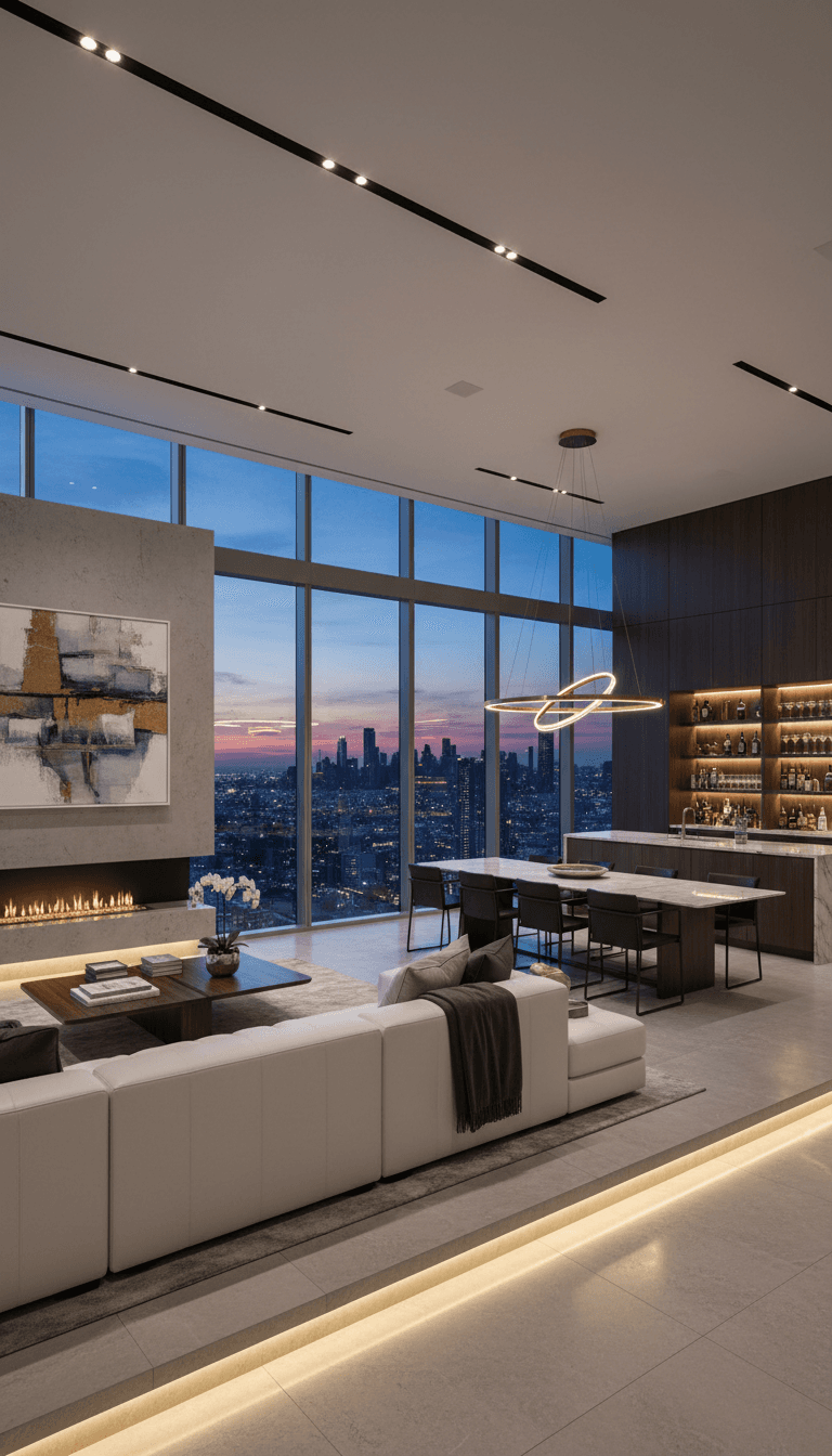 Modern luxury condo interior with skyline views