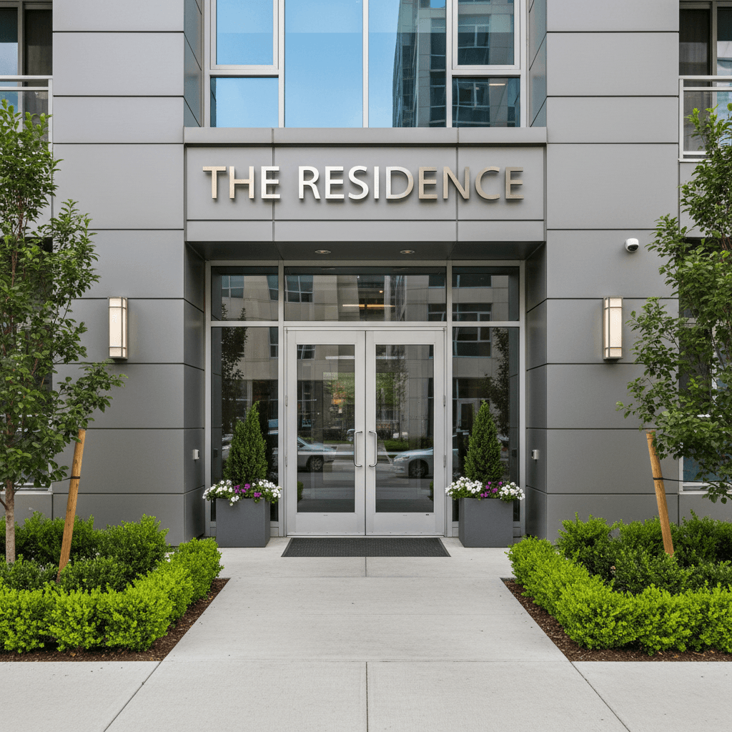 Building entrance with separate unit doors and paved walkway