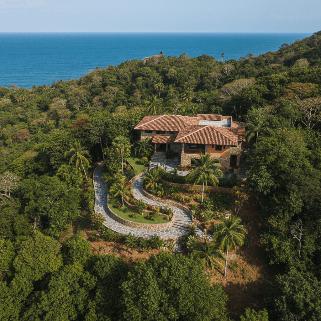 Hillside estate surrounded by tropical vegetation overlooking coastline