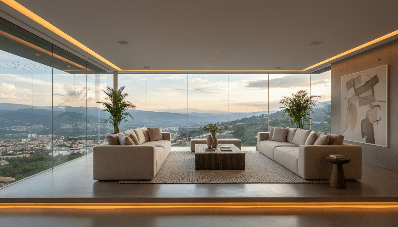 Living room with floor-to-ceiling windows overlooking the valley