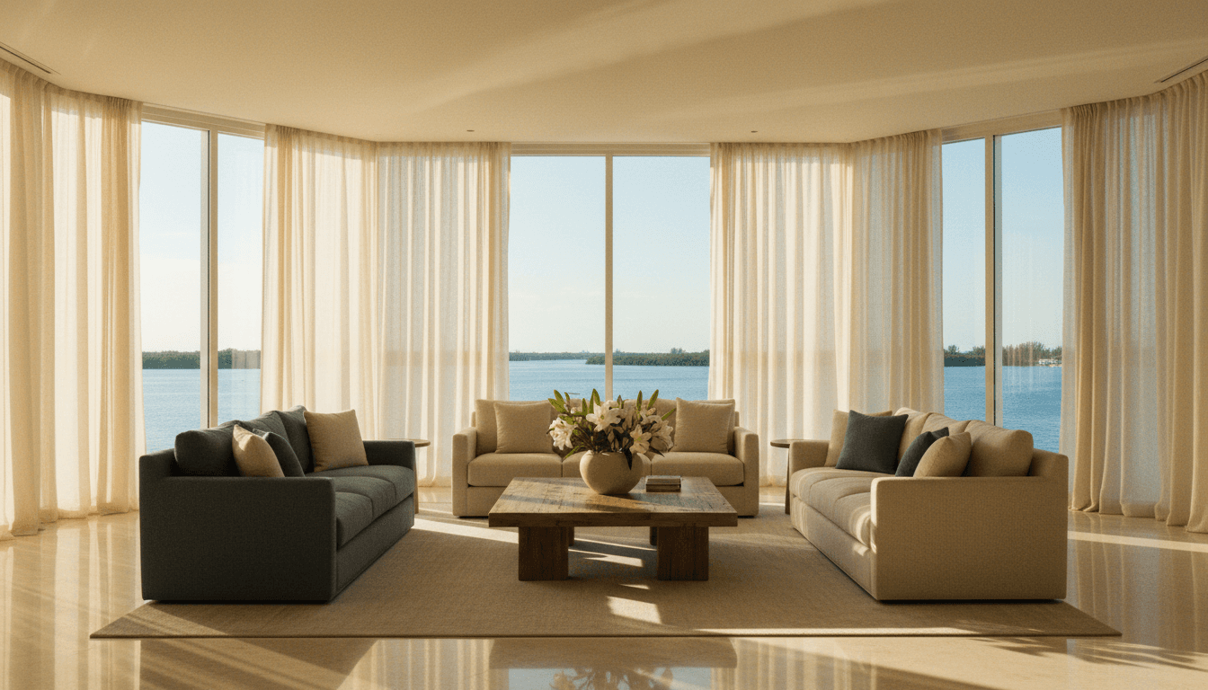 Sunlit luxury living room with bay view and linen furnishings