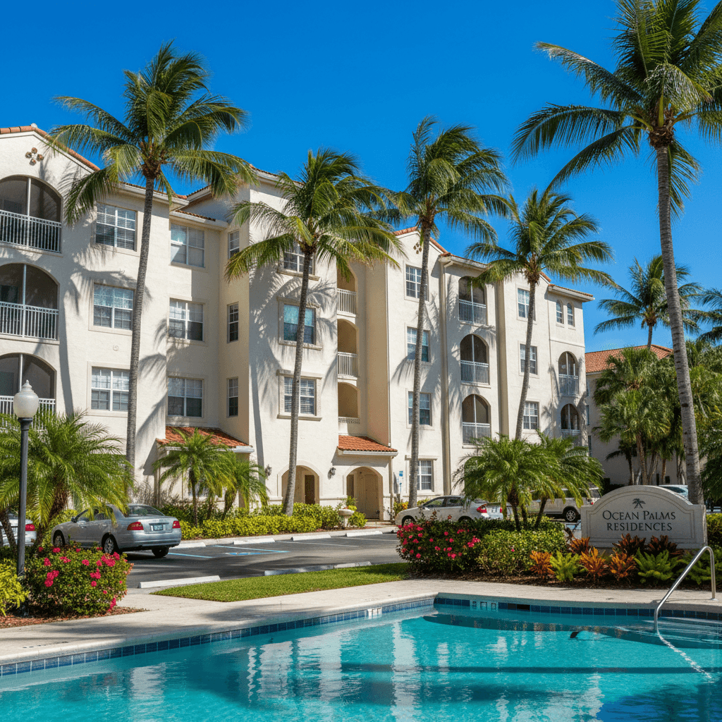 Four-unit apartment building front exterior with palm trees