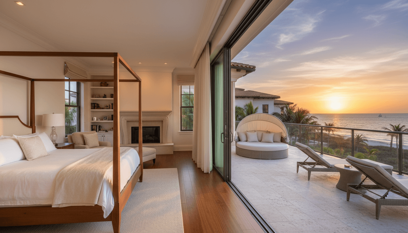 Master suite with private balcony and water view