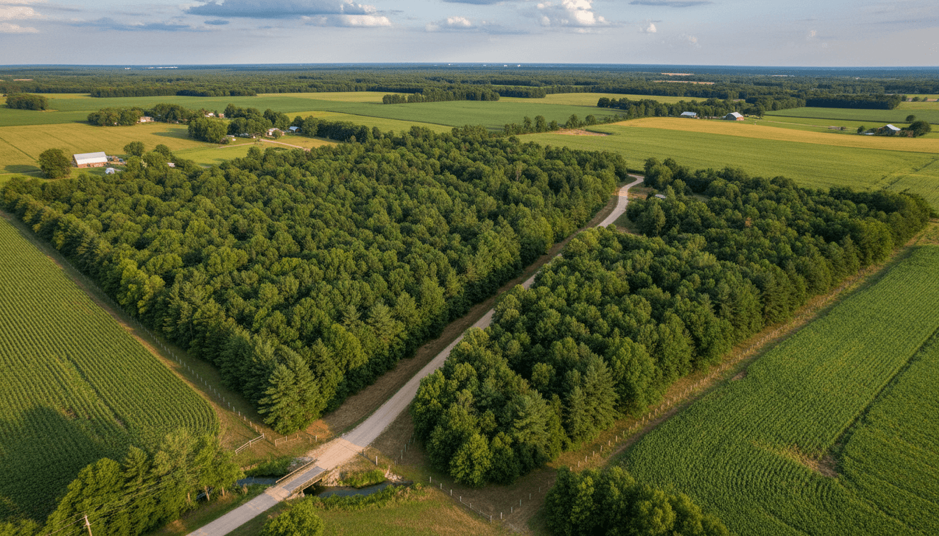 Aerial view of the parcel showing its size and access road
