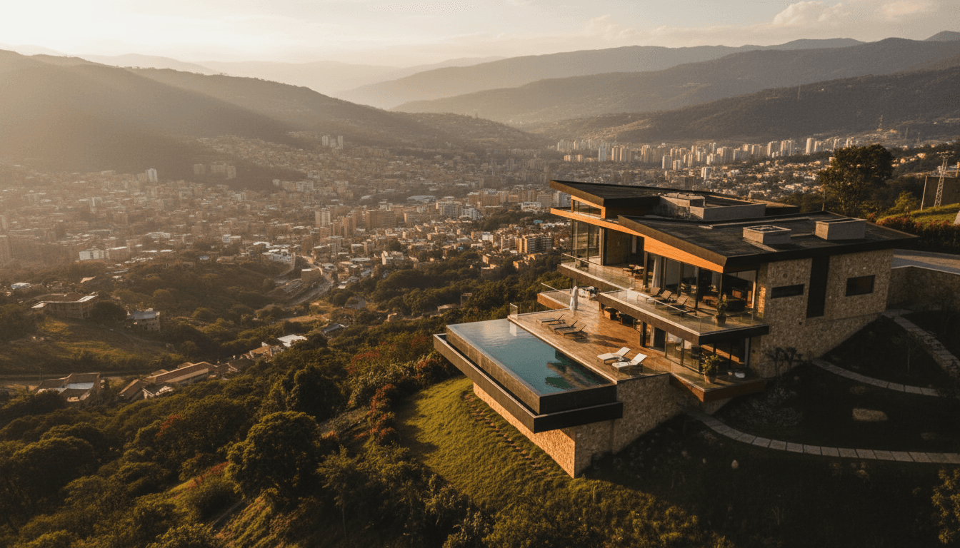 Luxury hillside villa overlooking the Medellín valley at golden hour.