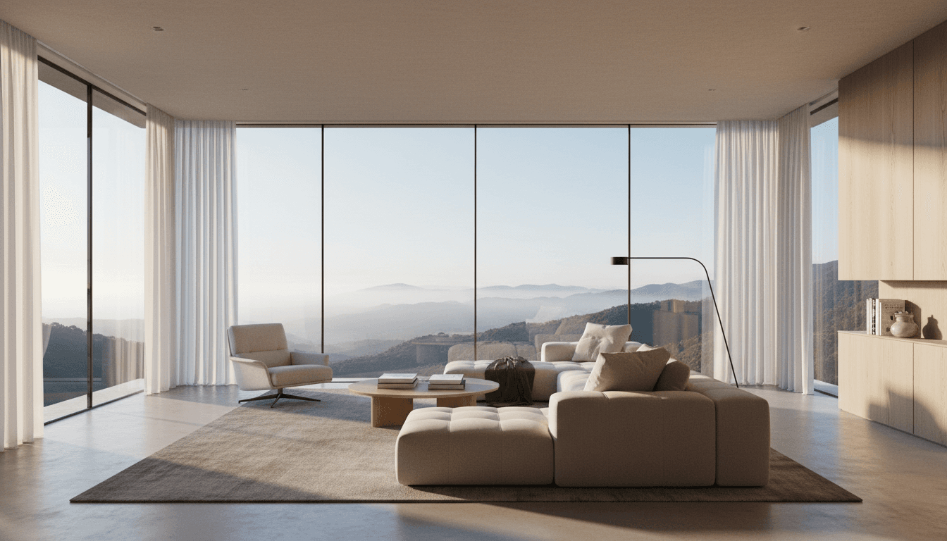 Living room with floor-to-ceiling windows overlooking mountains