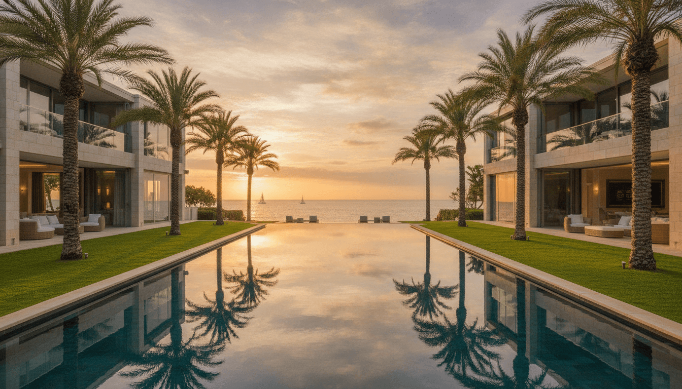 Luxury waterfront estate at golden hour