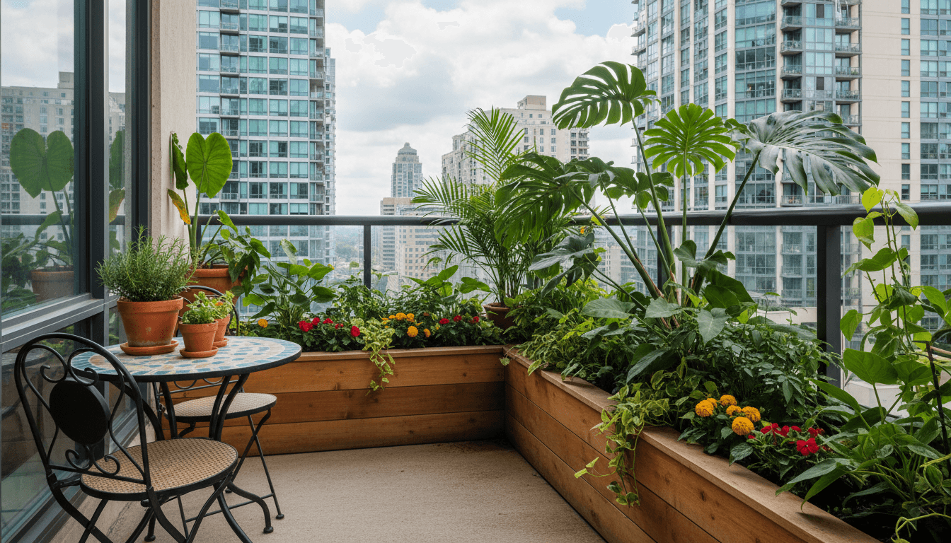 Private balcony with garden planters and city view