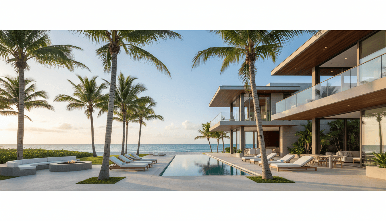 Modern beachfront facade with wide glass doors