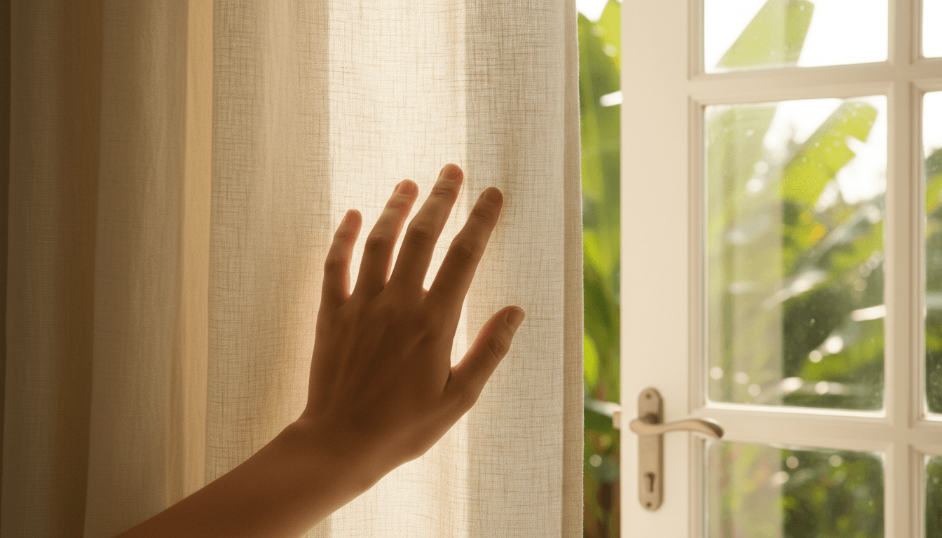 Hand touching linen curtain with tropical garden behind