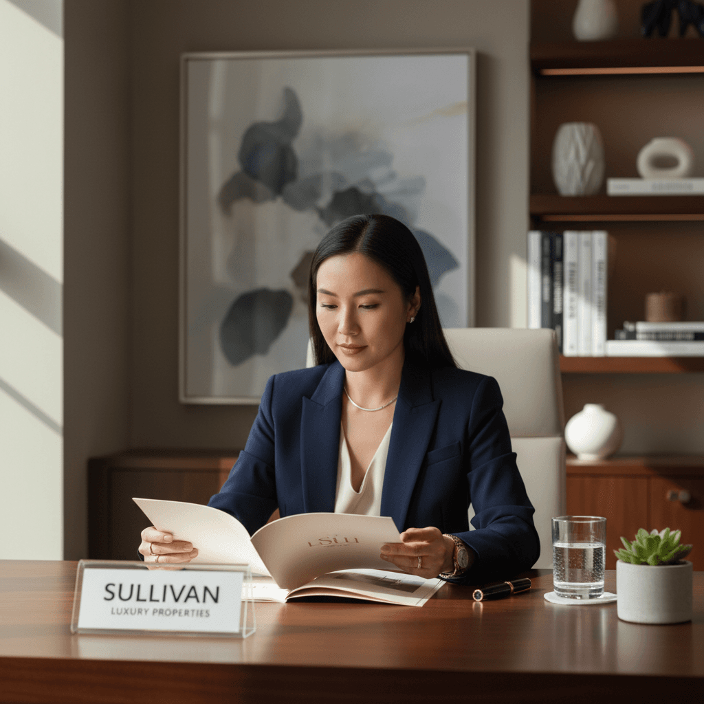 Alexandra Chen, Luxury Property Specialist at Sullivan Luxury Properties, in a modern office