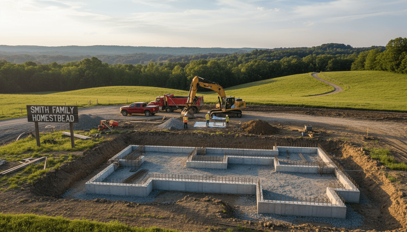 Construction-ready ground with foundation work underway