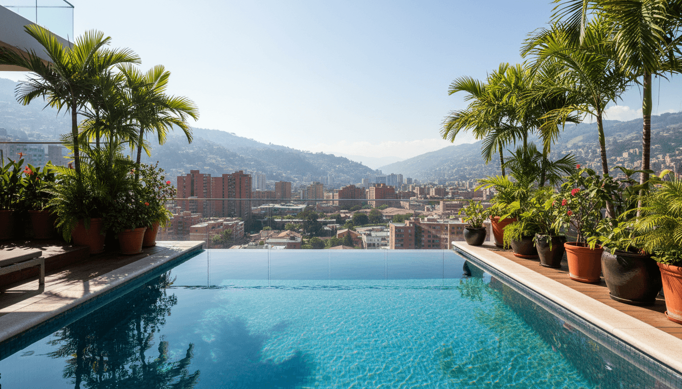 Private rooftop pool with the Medellin skyline beyond