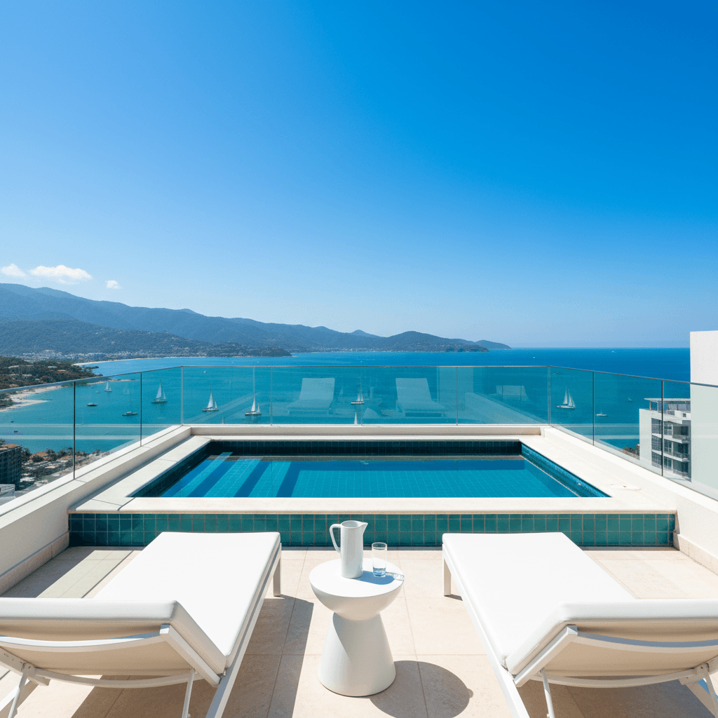 Rooftop terrace with plunge pool and bay view