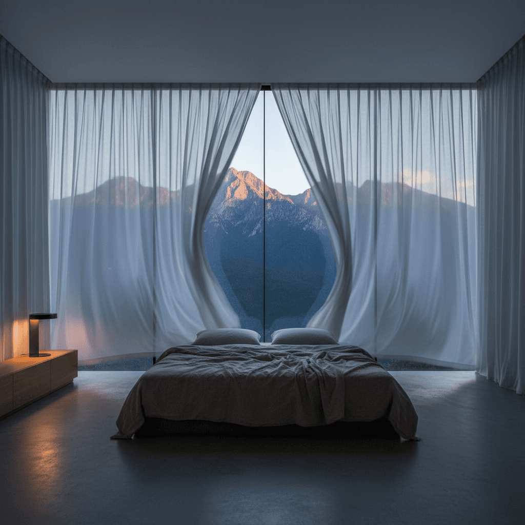 Master bedroom with mountain view and soft evening light