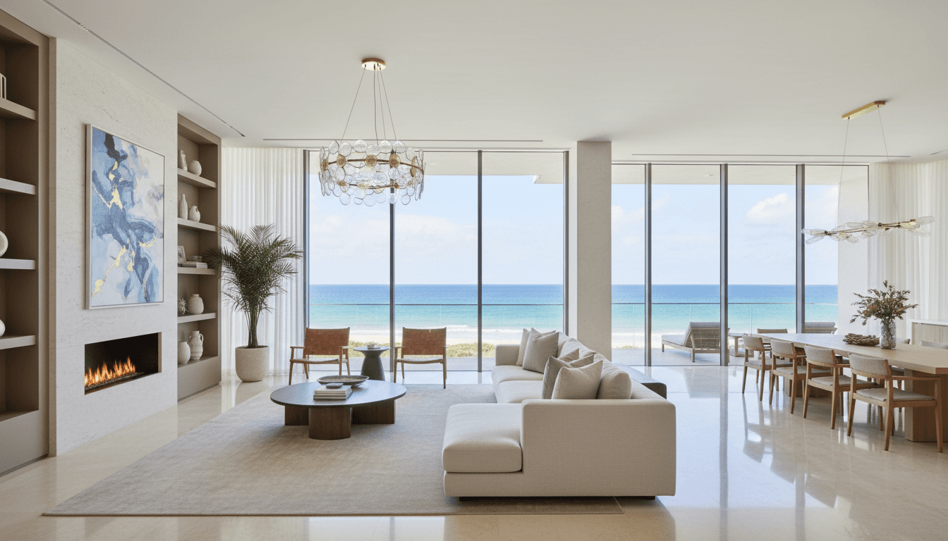 Open living area with water views through floor-to-ceiling windows