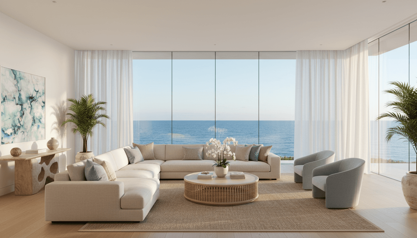 Elegant luxury living room with ocean view and large windows, modern coastal design with soft natural light