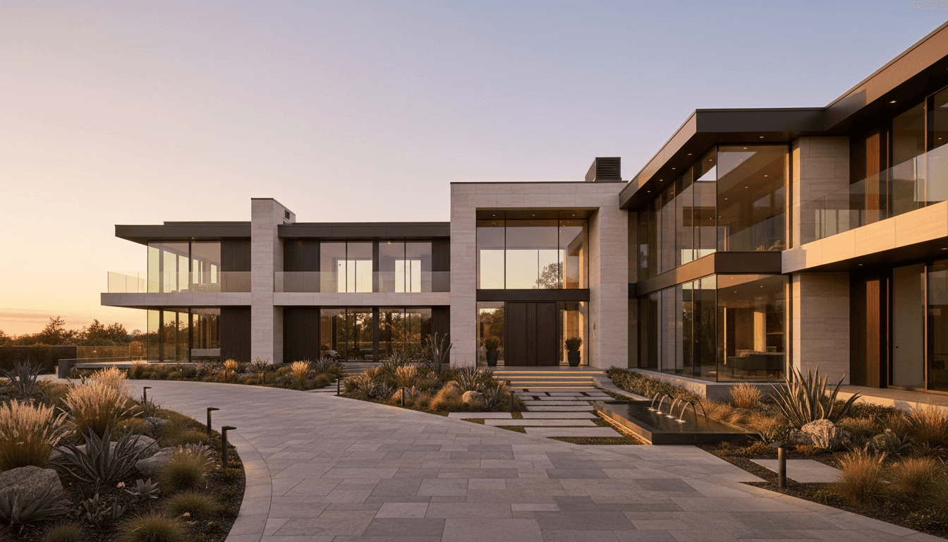 Luxury residential property exterior with modern architecture and manicured landscaping