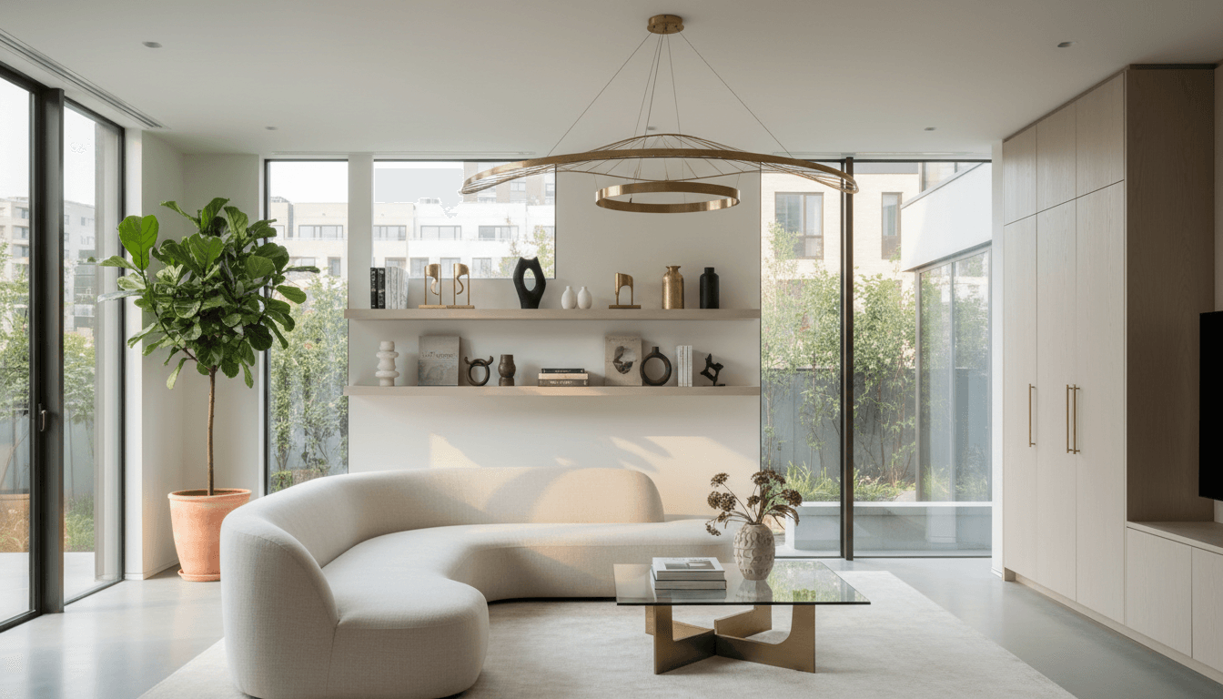 Modern luxury foyer with sculptural staircase and natural light
